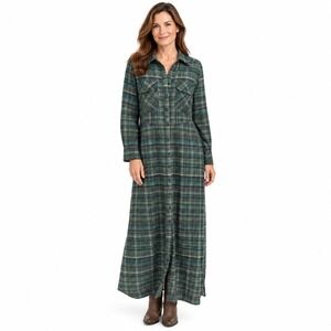 Modesees Green Plaid Maxi Shirt Dress Long Sleeve Button Down Size L NWT